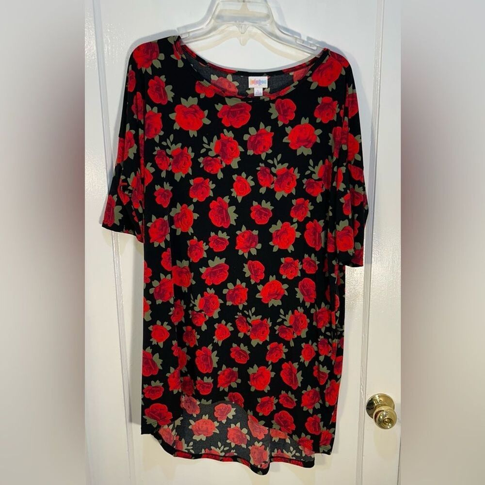 LuLaRoe Women's Large Black with Red Roses Blouse